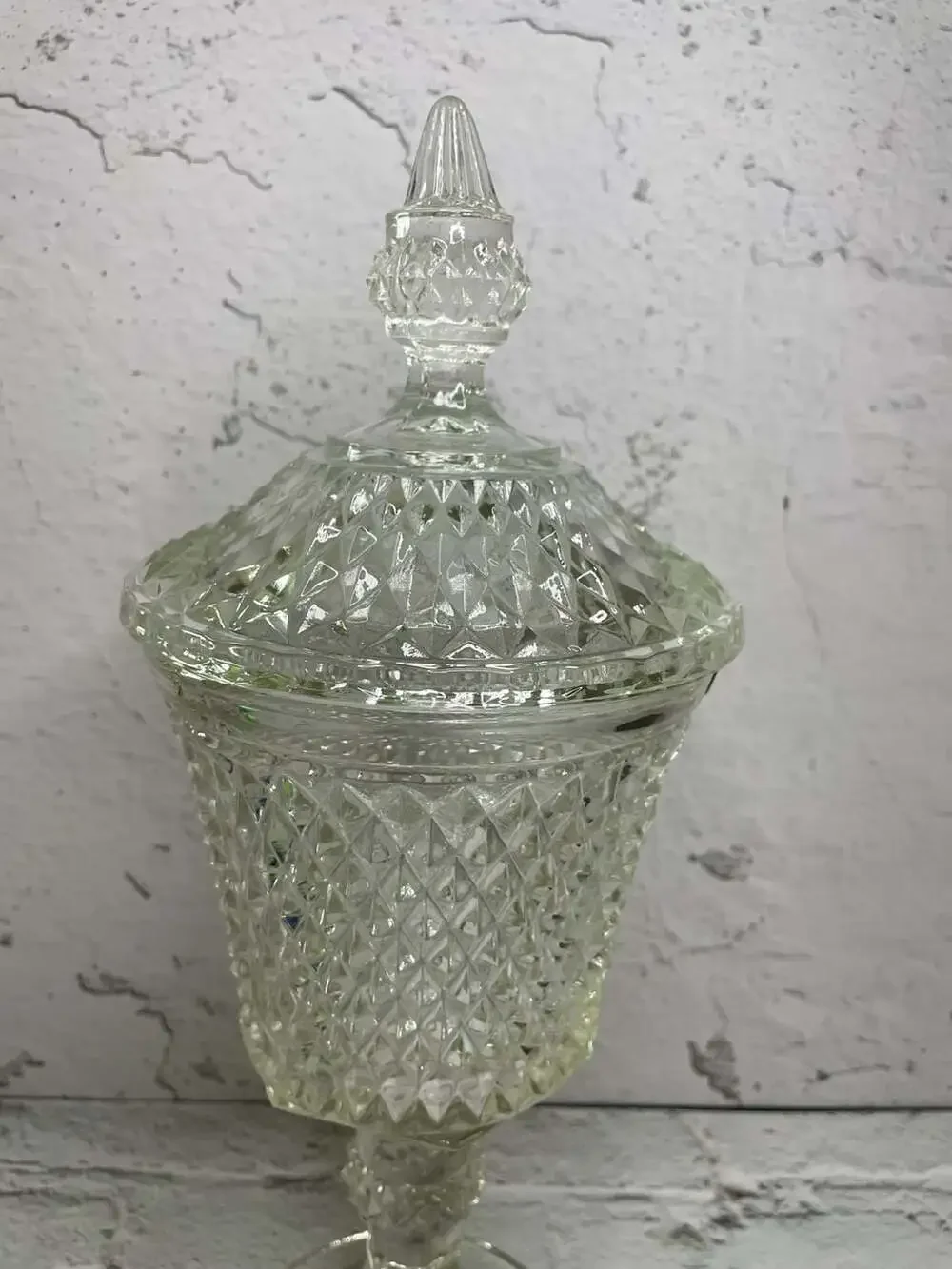 Vintage Indiana Glass Tiara Diamond Point Footed Pedestal Lidded Apothecary Jar
